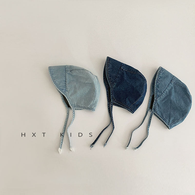 ins韩国婴儿水洗牛仔系带护耳帽春秋宝宝出游大帽檐遮阳宫廷帽潮