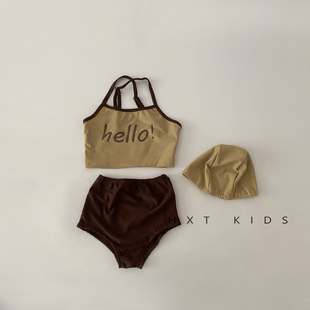 婴儿宝宝洋气泳衣三件套夏天儿童出游海边泳池游泳泳帽泳裤套装夏