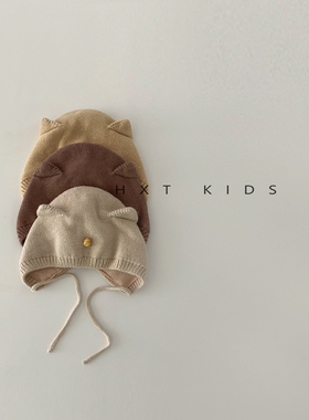 婴儿帽子秋冬季超萌可爱猫咪系带针织帽纯棉内里新生儿宝宝护耳帽