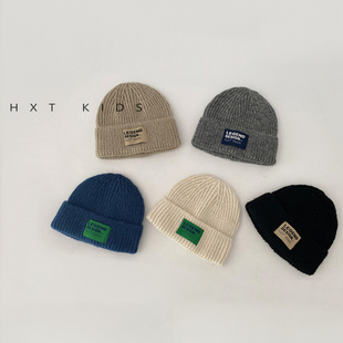 儿童毛线帽秋冬季新款缝标时尚套头帽子潮童宝宝冬天户外针织帽潮