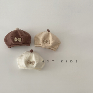 婴儿贝雷帽洋气蝴蝶结帽顶小球针织帽子小月龄婴幼儿宝宝画家帽潮