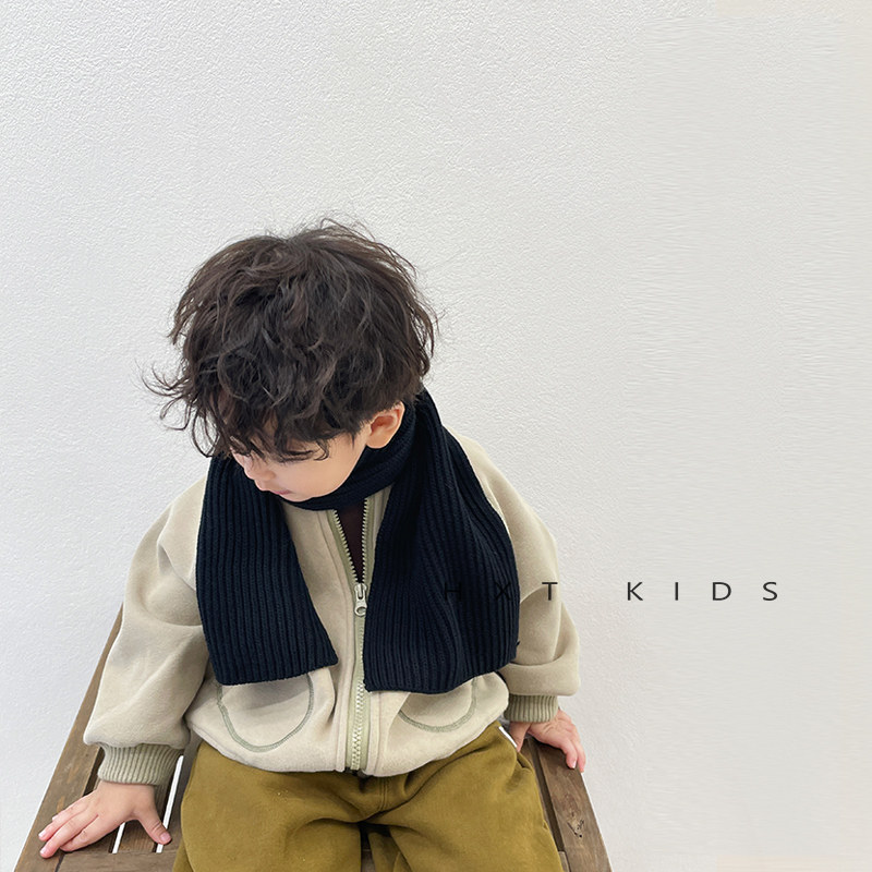 INS 한국어 간단하고 다재다능한 어린이 스카프 소년 솔리드 블랙 니트 스카프 가을 겨울  ??따뜻한 트렌드