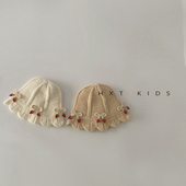 婴儿毛线帽秋冬季 洋气草莓小花花边针织渔夫帽婴幼儿宝宝穿搭帽子