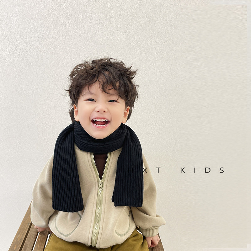 INS 한국어 간단하고 다재다능한 어린이 스카프 소년 솔리드 블랙 니트 스카프 가을 겨울  ??따뜻한 트렌드