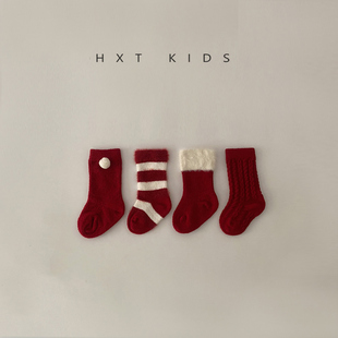 新生儿宝宝秋冬季红色袜子0-3个月初生婴儿冬天喜庆保暖中筒袜潮6