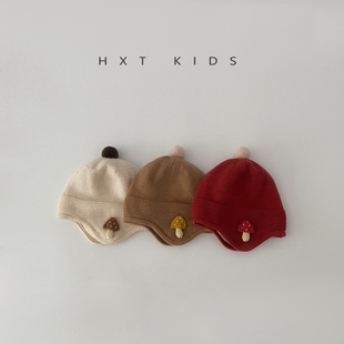 婴儿针织帽秋冬季洋气蘑菇护耳帽小月龄婴幼儿宝宝可爱套头帽子冬