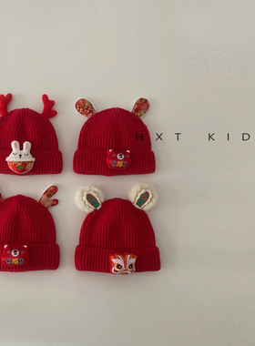 婴儿毛线帽秋冬季喜庆红色套头帽子0-1岁新生儿宝宝冬天保暖帽子