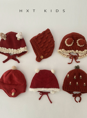婴儿毛线帽秋冬季洋气复古红新年喜庆针织帽新生儿宝宝保暖帽子冬