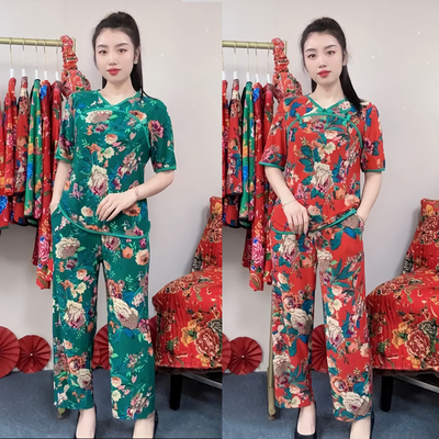 盘扣民族风东北大花两件套