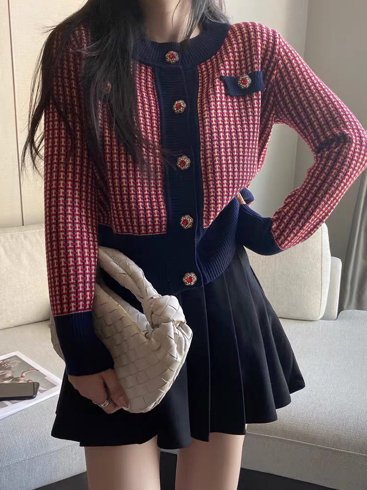 AUTUMN AND WINTER RETRO HOUNDSTOOTH CONTRAST KNIT SLOUCHY SWEATER CARDIGAN WOMENS WEAR LOOSE SHORT SMALL FRAGRANCE JACKET