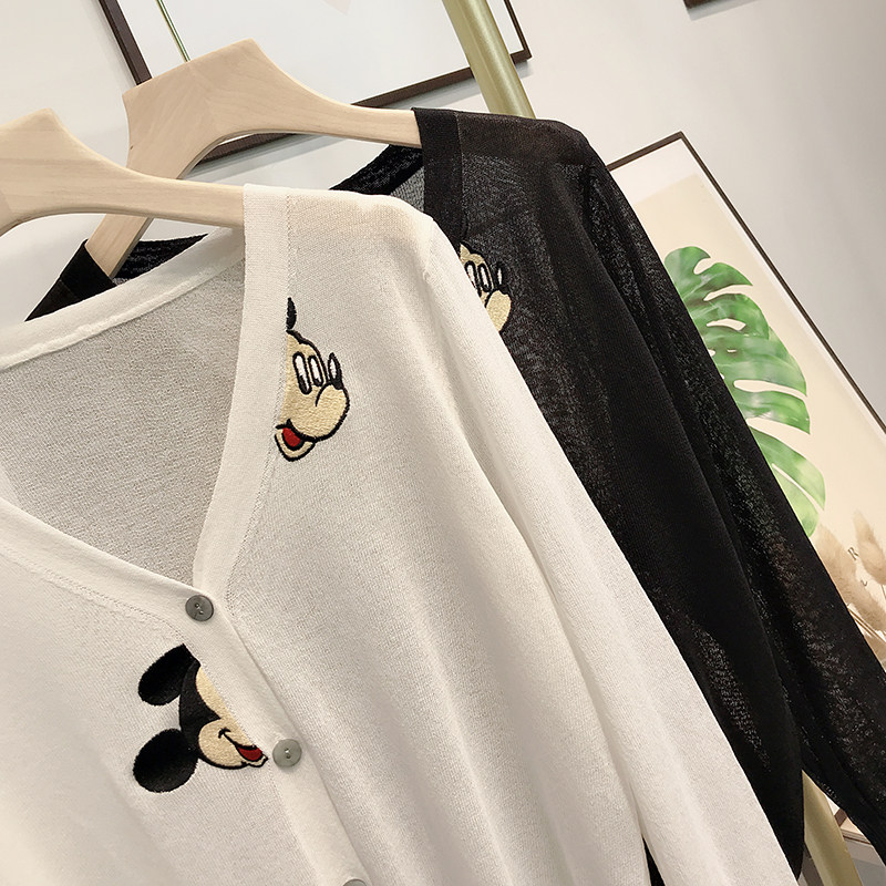 아이스 실크 니트 가디건 여성 여름 얇은 자수 프린트 한국 학생 V 넥 에어컨 셔츠 자외선 차단 의류