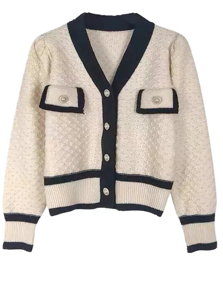 BLACK AND WHITE CONTRASTING V-NECK SINGLE-BREASTED CROPPED KNITTED CARDIGAN WORN OVER AUTUMN AND WINTER A JAPANESE LAZY SWEATER JACKET