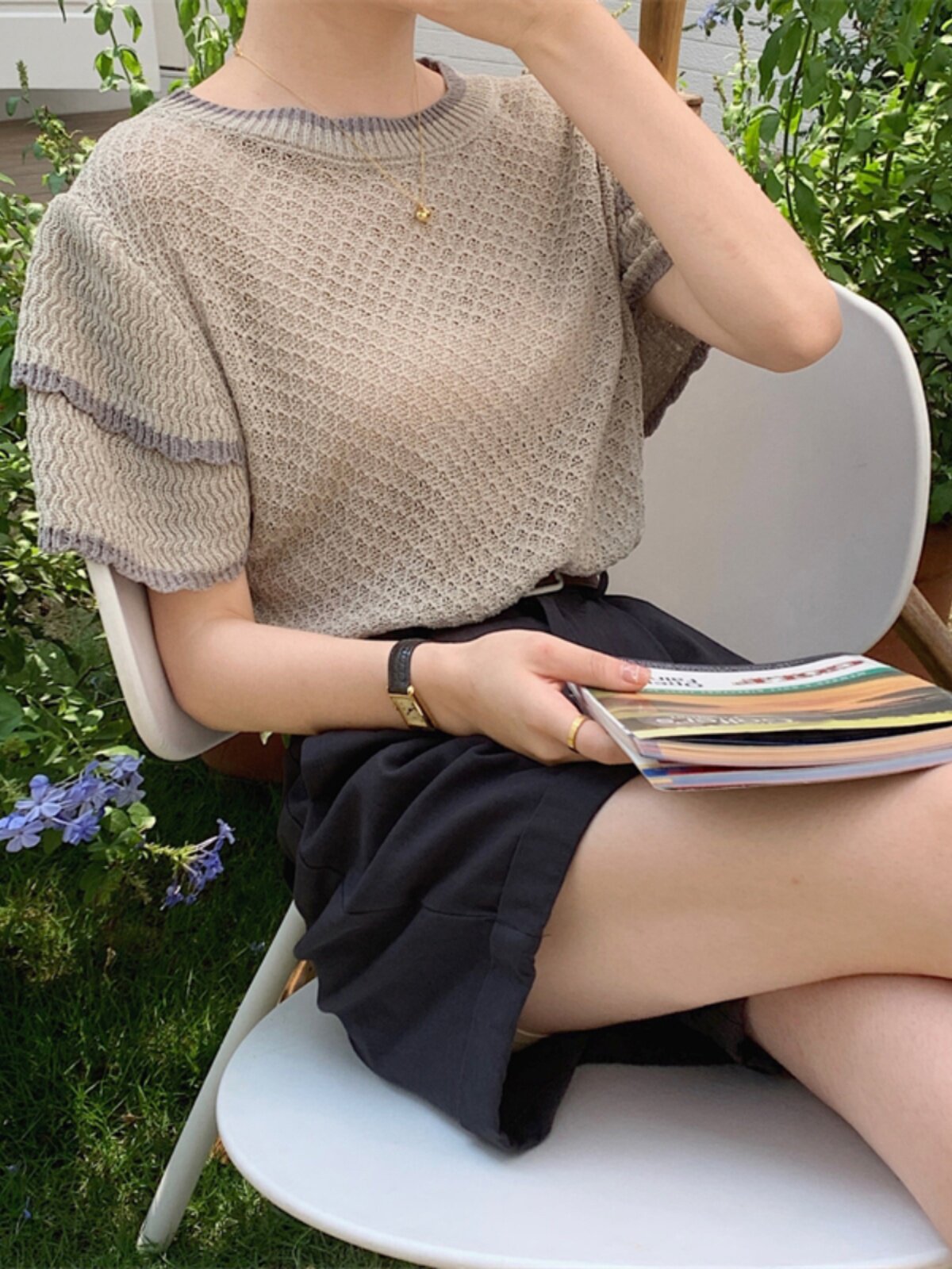 여성용 여름 얼음 실크 중공 스웨터 느슨한 트위스트 짧은 소매 라운드 넥 풀오버 솔리드 컬러 단순 얇은 반팔 티셔츠