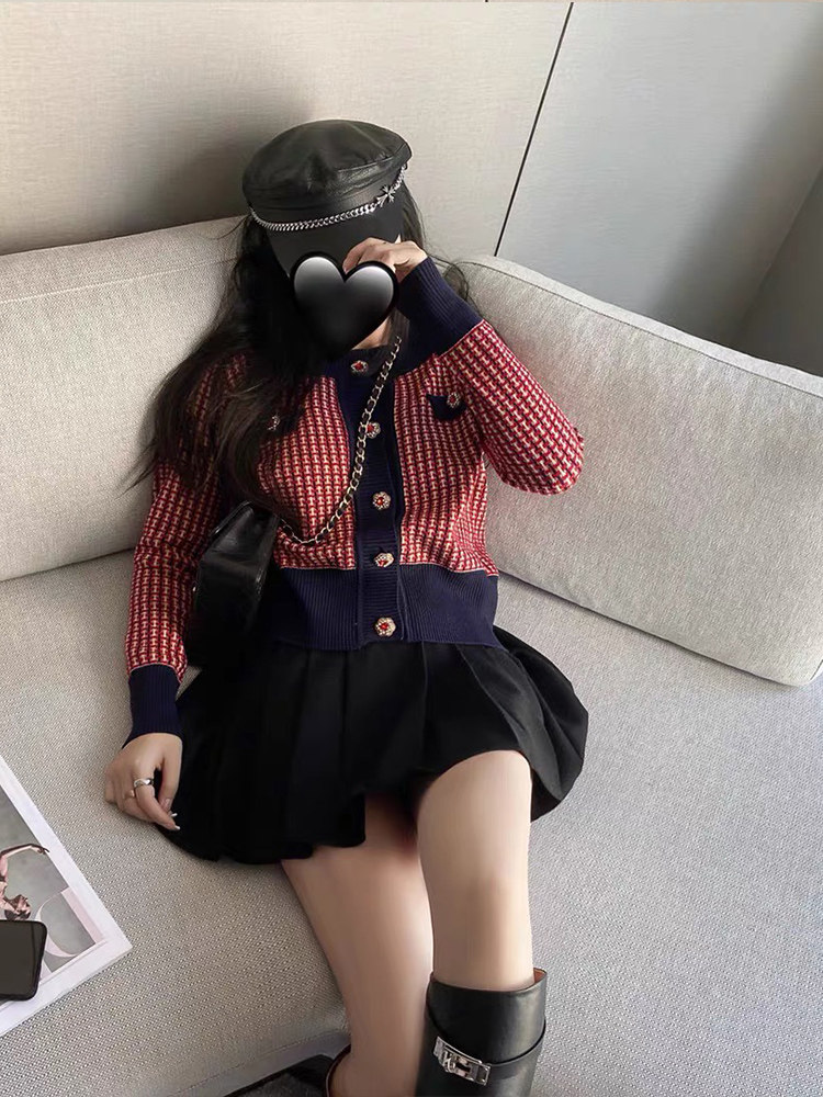 AUTUMN AND WINTER RETRO HOUNDSTOOTH CONTRAST KNIT SLOUCHY SWEATER CARDIGAN WOMENS WEAR LOOSE SHORT SMALL FRAGRANCE JACKET