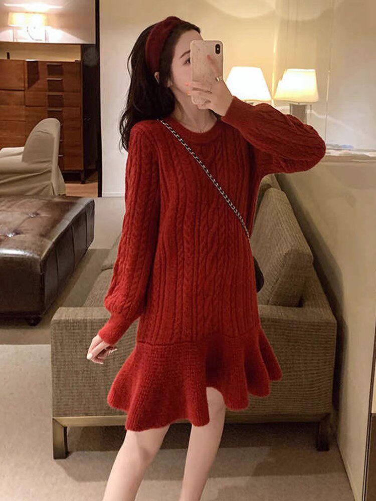 RED SWEATER DRESS WOMENS MID LENGTH LOOSE KOREAN VERSION LAZY STYLE 2024 NEW FALL WINTER LONG SLEEVE KNIT DRESS