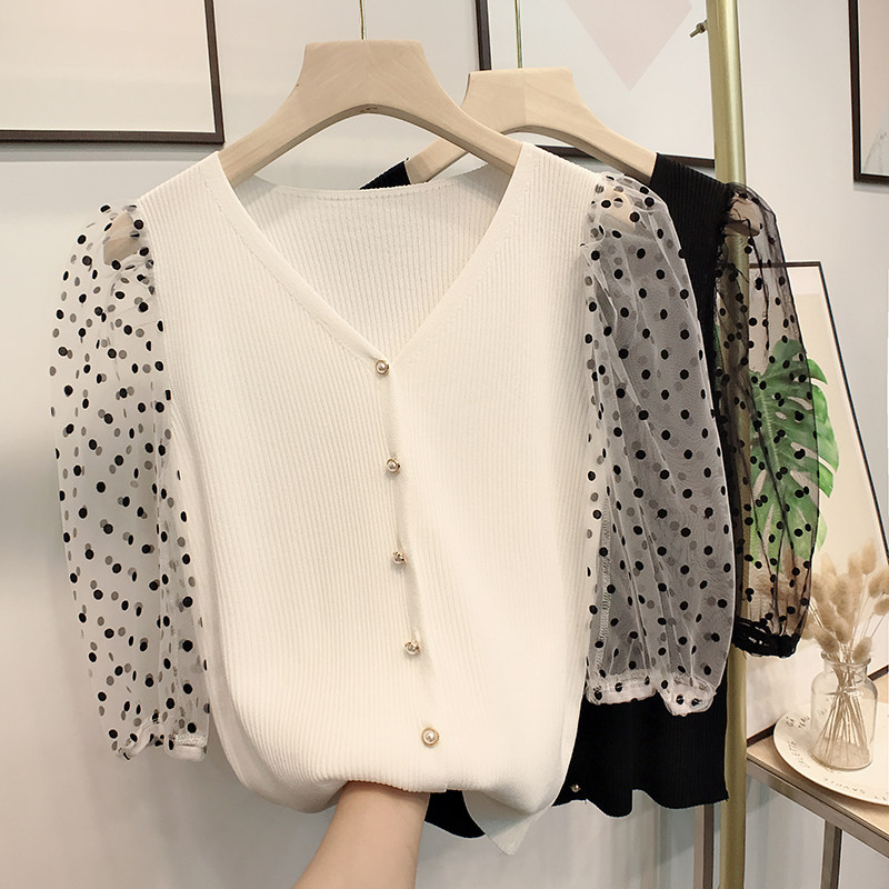 여름 아이스 실크 퍼프 슬리브 스플 라이스 탑 중공 니트 레이디스 다목적 루즈 얇은 풀오버 가디건