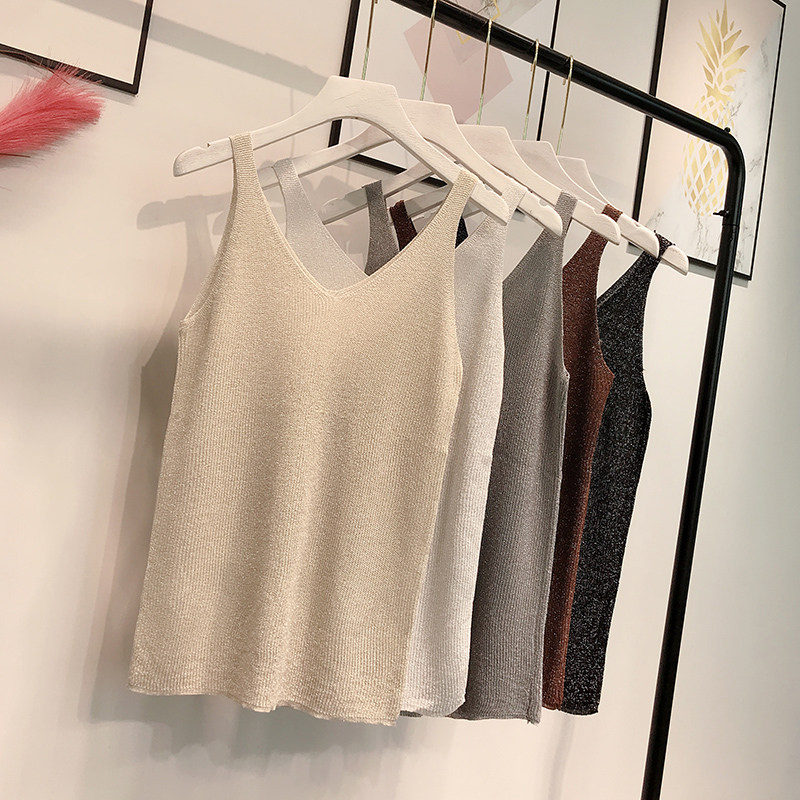 여성용 캐미솔 여름 얼음 실크 니트 밝은 실크 작은 서스펜더 외부 섹시 탑 쇄골 V 넥 바닥 여성 속옷