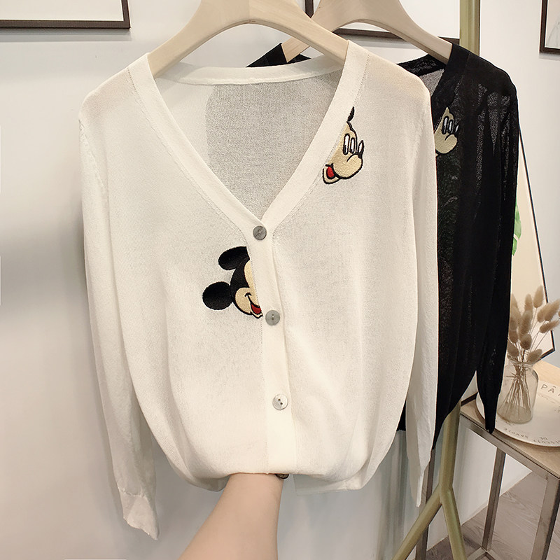 아이스 실크 니트 가디건 여성 여름 얇은 자수 프린트 한국 학생 V 넥 에어컨 셔츠 자외선 차단 의류