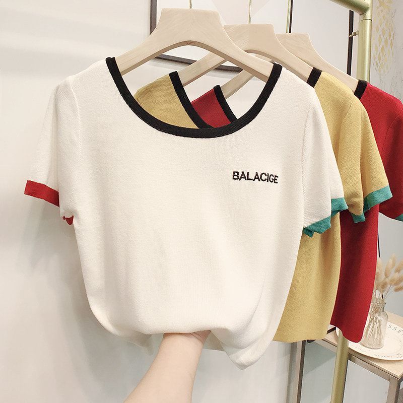 로우 라운드 넥 풀오버 여름 신상품 얇은 컬러 차단 아이스 실크 니트 쇼트 탑이 있는 여성용 크로스백 반팔 티셔츠