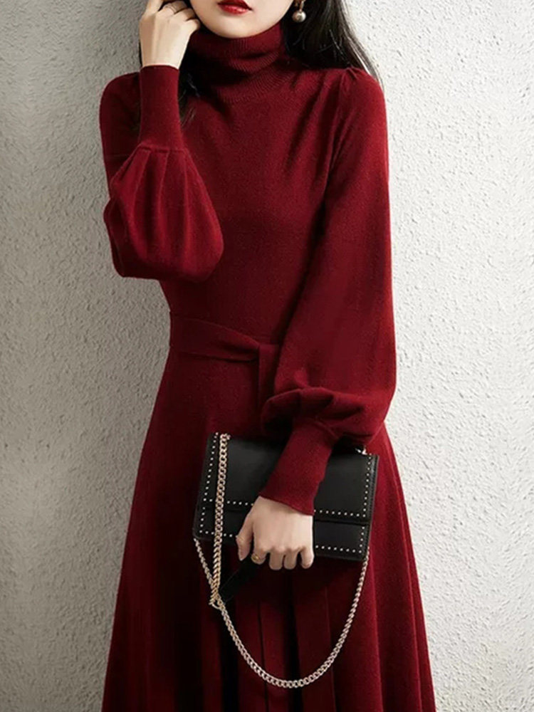RED HIGH NECK KNITTED DRESS WOMENS FALL WINTER 2024 NEW VINTAGE LAZY WIND BALLOON SLEEVE BASE SWEATER DRESS