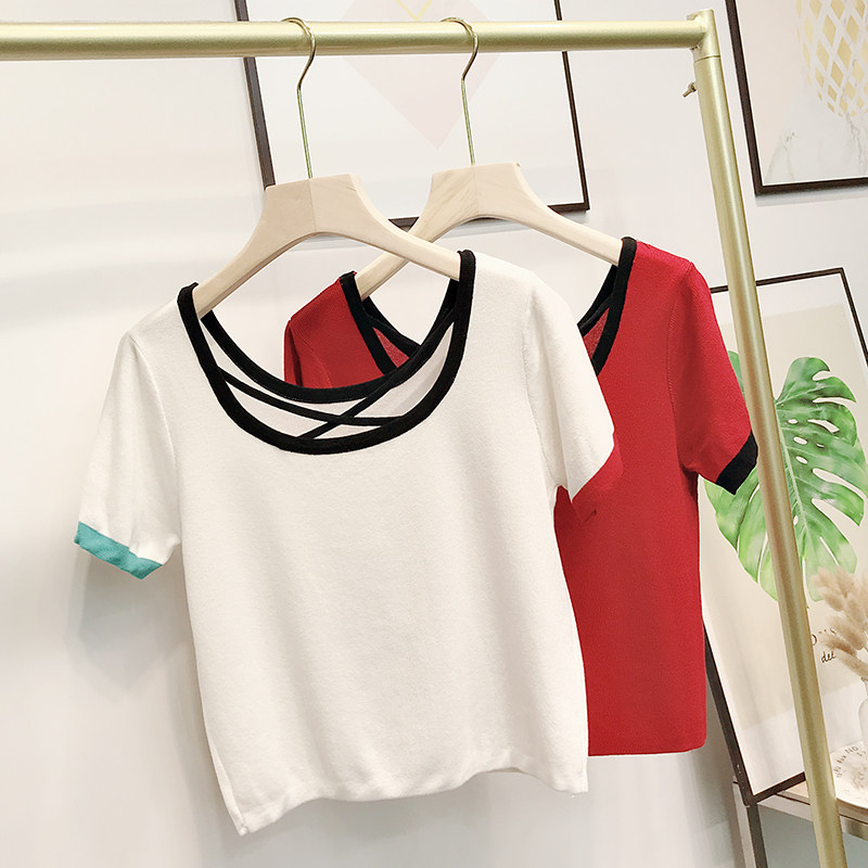 로우 라운드 넥 풀오버 여름 신상품 얇은 컬러 차단 아이스 실크 니트 쇼트 탑이 있는 여성용 크로스백 반팔 티셔츠