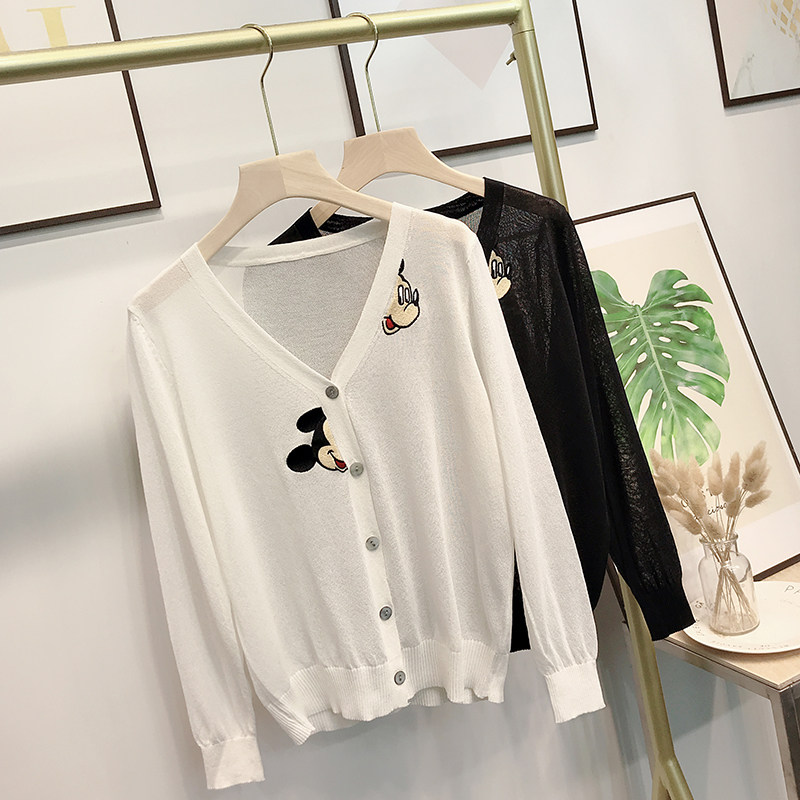 아이스 실크 니트 가디건 여성 여름 얇은 자수 프린트 한국 학생 V 넥 에어컨 셔츠 자외선 차단 의류
