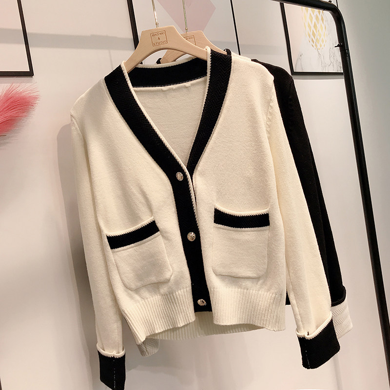 브이넥 컬러 블록 포켓 봄 가을 숏 스타일 스몰 향수 외국 스타일 다용도 슬리밍 숄이 있는 여성용 니트 가디건 재킷