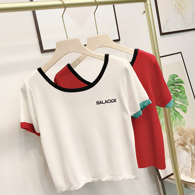 로우 라운드 넥 풀오버 여름 신상품 얇은 컬러 차단 아이스 실크 니트 쇼트 탑이 있는 여성용 크로스백 반팔 티셔츠