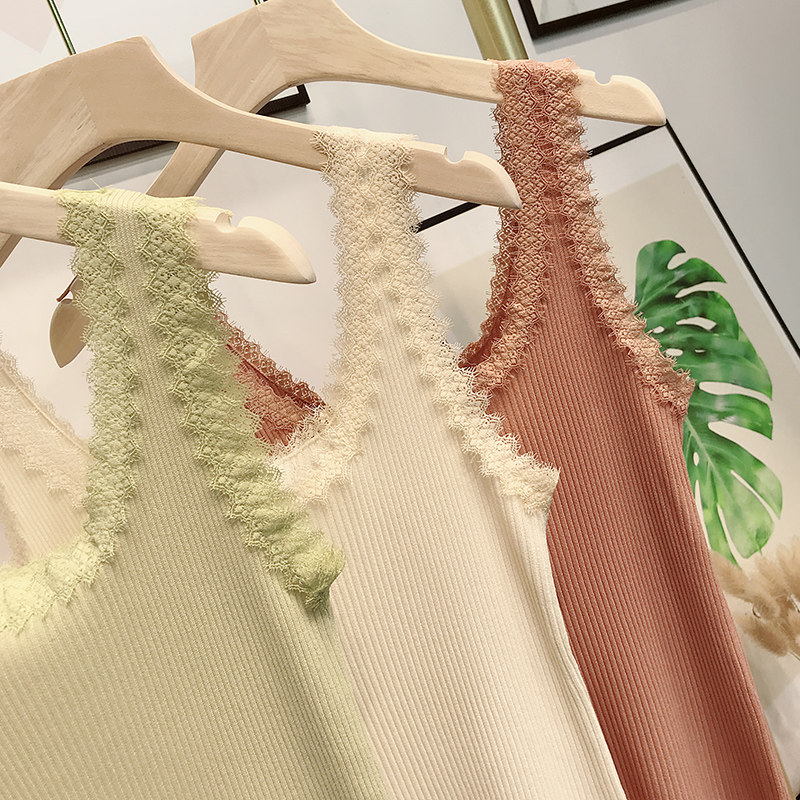 U 자형 낮은 라운드 넥 레이스 조끼 여성 여름 섹시한 다목적 솔리드 컬러 간단한 소녀 아이스 실크 니트 민소매 바닥 셔츠