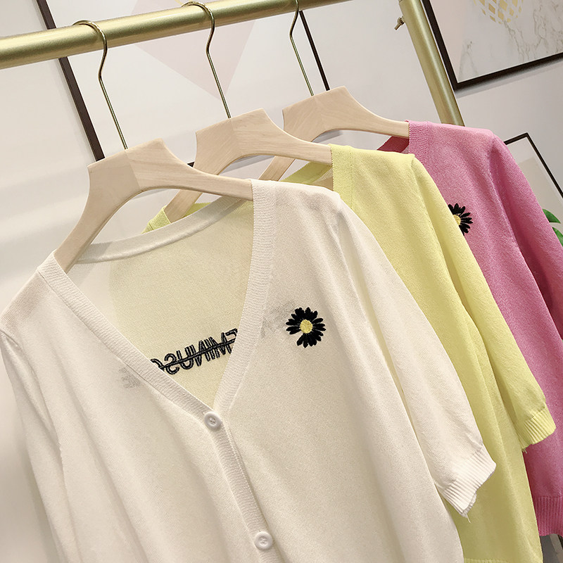 리틀 데이지 솔리드 컬러 카디건 여성용 V 넥 아이스 실크 스웨터 7|4 소매 여름 얇은 느슨한 에어컨 자외선 차단 의류