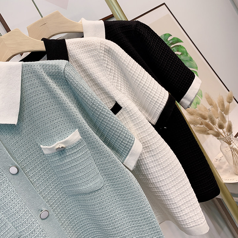 폴로 셔츠 옷깃 반팔 티셔츠 여성용 느슨한 얇은 여름 V 넥 아이스 실크 스웨터 중공 버튼 쇼트 탑