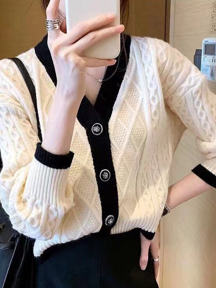 가을 겨울 여성용 레트로 게으른 스타일 니트 카디건 새로운 대비 색상 루즈한 아우터 V 넥 하이 엔드 스웨터 재킷