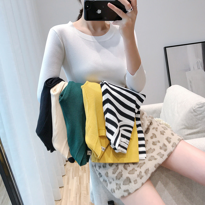 2024 가을 겨울 새로운 아이스 실크 스웨터 슬림핏 탑 7부 소매 얇은 다용도 라운드 넥 바닥 셔츠 여성용