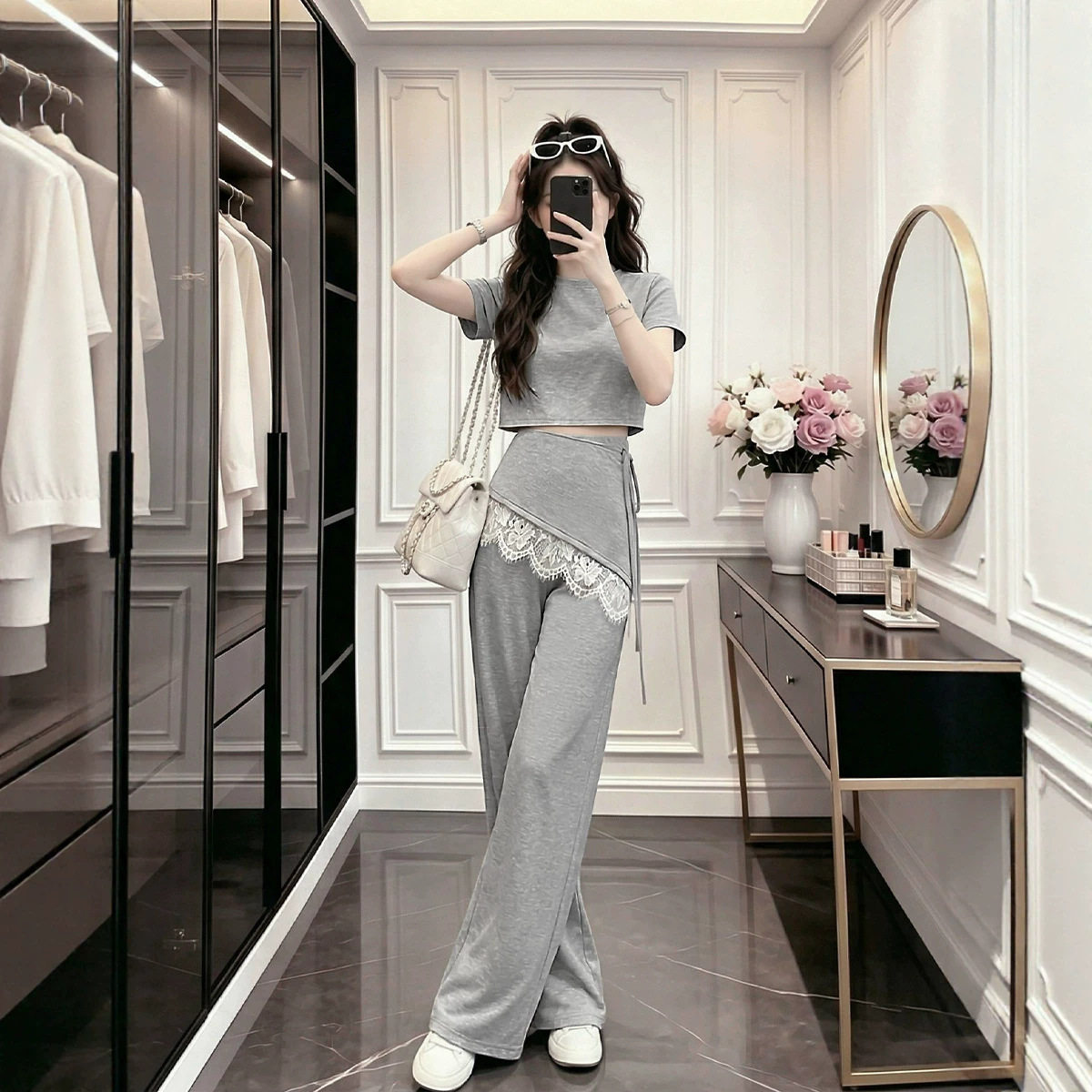 欧货灰色运动套装女夏季2
