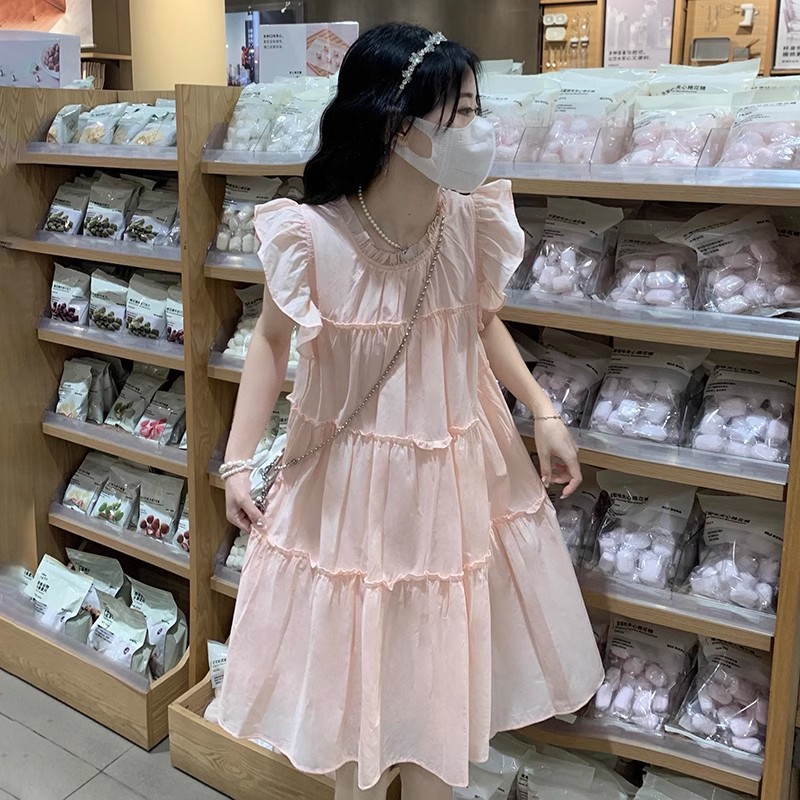 粉色小飞袖连衣裙女夏季2