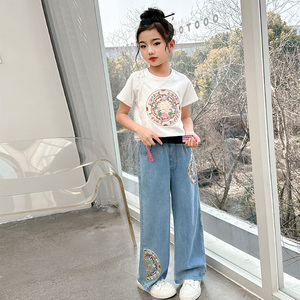 女童装时髦洋气中国风牛仔裤薄款儿童天丝裤子大童套装新中式夏季