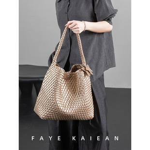 FAYE KAIEAN香槟色编织托特包2026新款通勤单肩包大容量水桶女包
