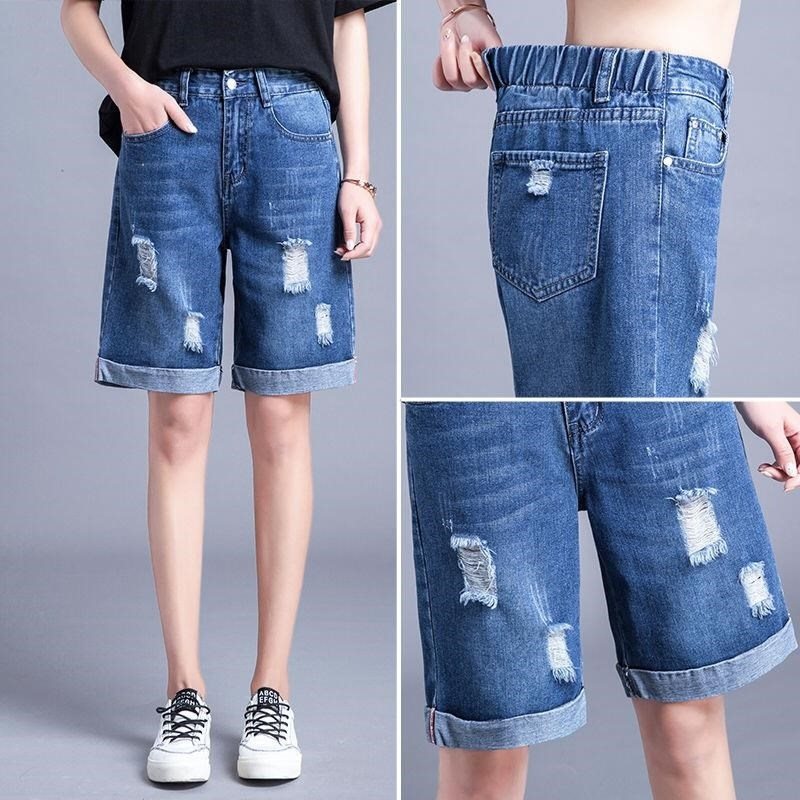 高腰破洞牛仔短裤女夏五分牛仔裤宽松韩版学生松紧腰直筒中裤bf潮|ruв категории Женская одежда, джинсы - от Buy2taobao.com для оказания профессиональной услуги покупки агента Taobao