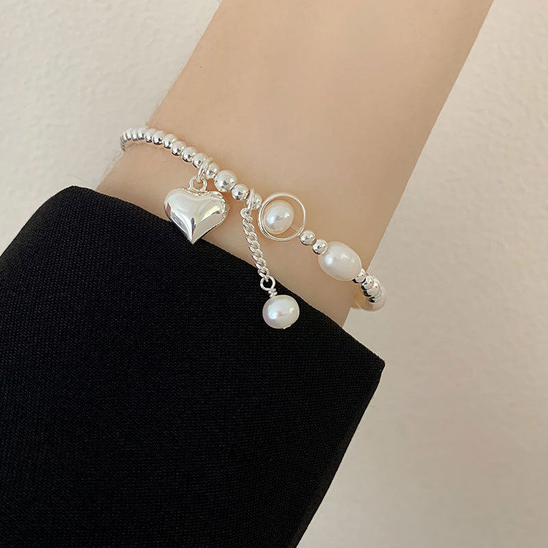 S925纯银爱心珍珠手链女款手工串珠流苏手镯2026年新款潮手绳手饰