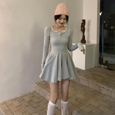 韩版蓬蓬裙螺纹针织纯色蕾丝裙