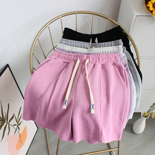 设计感宽松高腰休闲运动裤 女夏季 阔腿裤 热裤 韩版 棉质居家睡裤 短裤