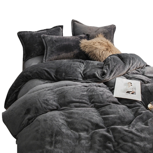 冬天加绒四件套牛奶绒180×220被罩珊瑚绒双面灰色1米2床单三件套