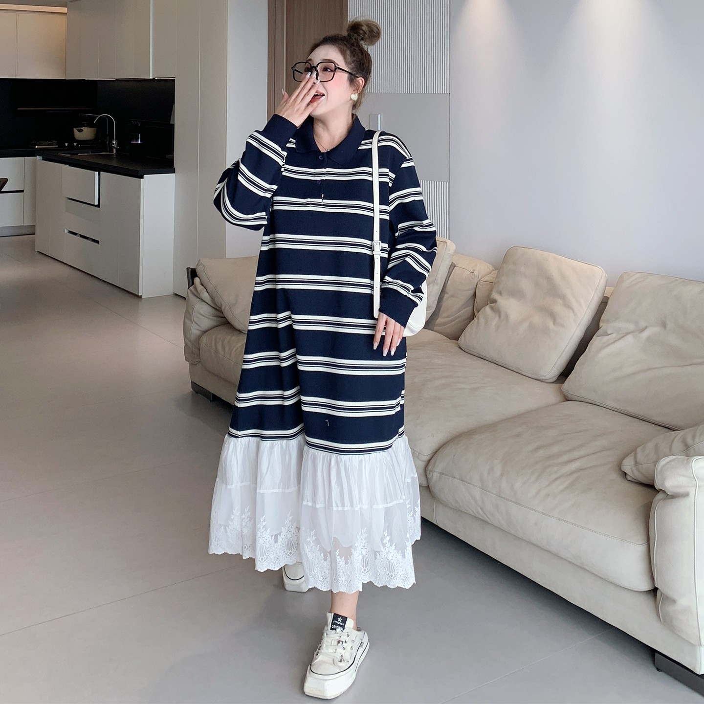 媛子家大码秋季胖mm高腰长袖韩式韩版百搭翻领条纹蕾丝连衣裙女