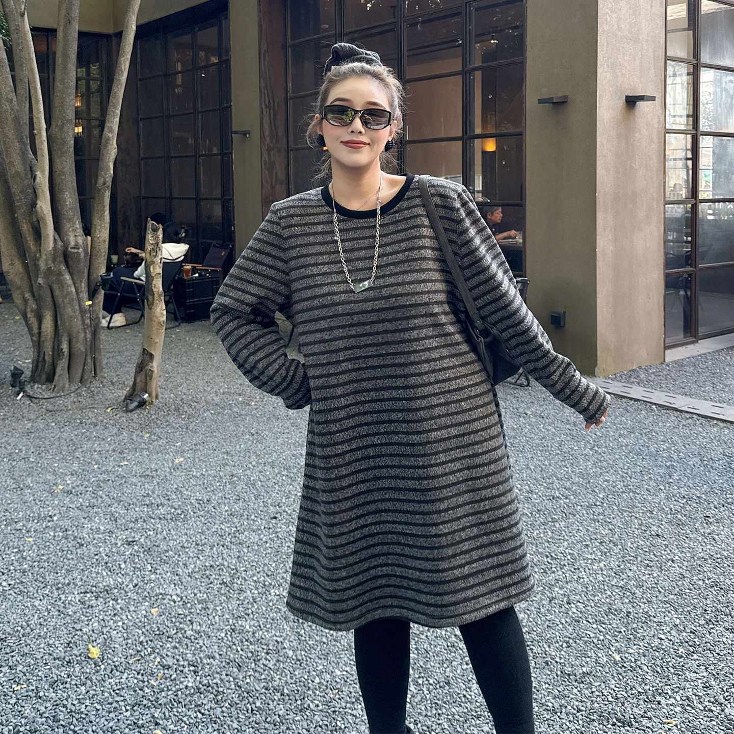 媛子大码冬季宽松休闲百搭胖mm圆领大码条纹长袖针织连衣裙打底衫