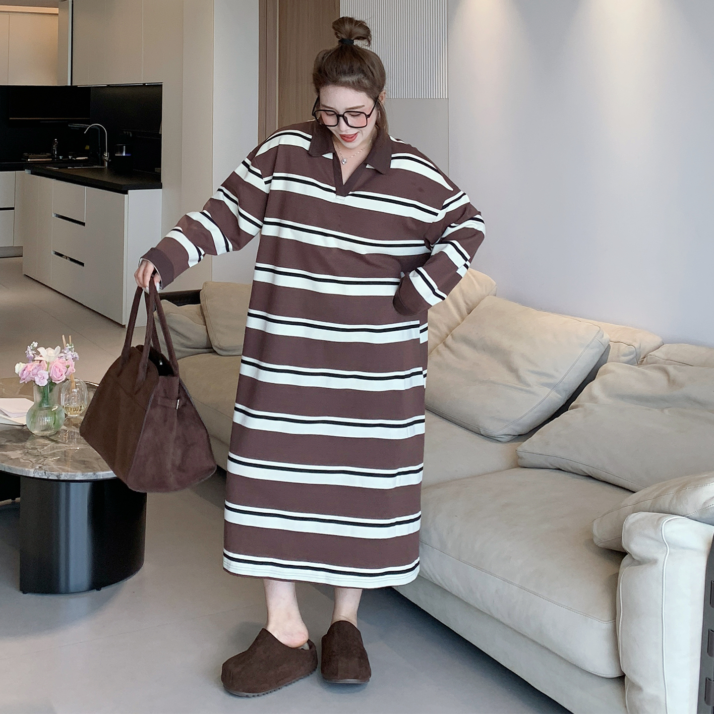 媛子家大码秋季气质时尚百搭宽松显瘦条纹连衣裙