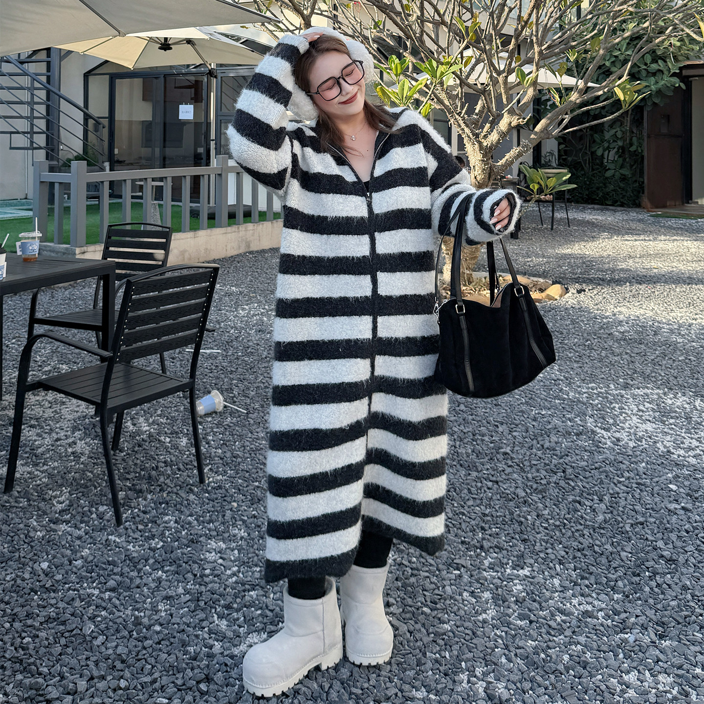 【年末6折】媛子大码冬季宽松休闲条纹胖mm连帽毛衣外套针织开衫,女装/女士精品,常规大码外套,淘宝优惠券,粉丝福利购,淘宝优惠卷