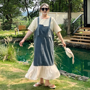 【5折清仓】媛子大码夏季吊带连衣裙拼接显瘦花边遮肚牛仔背带裙