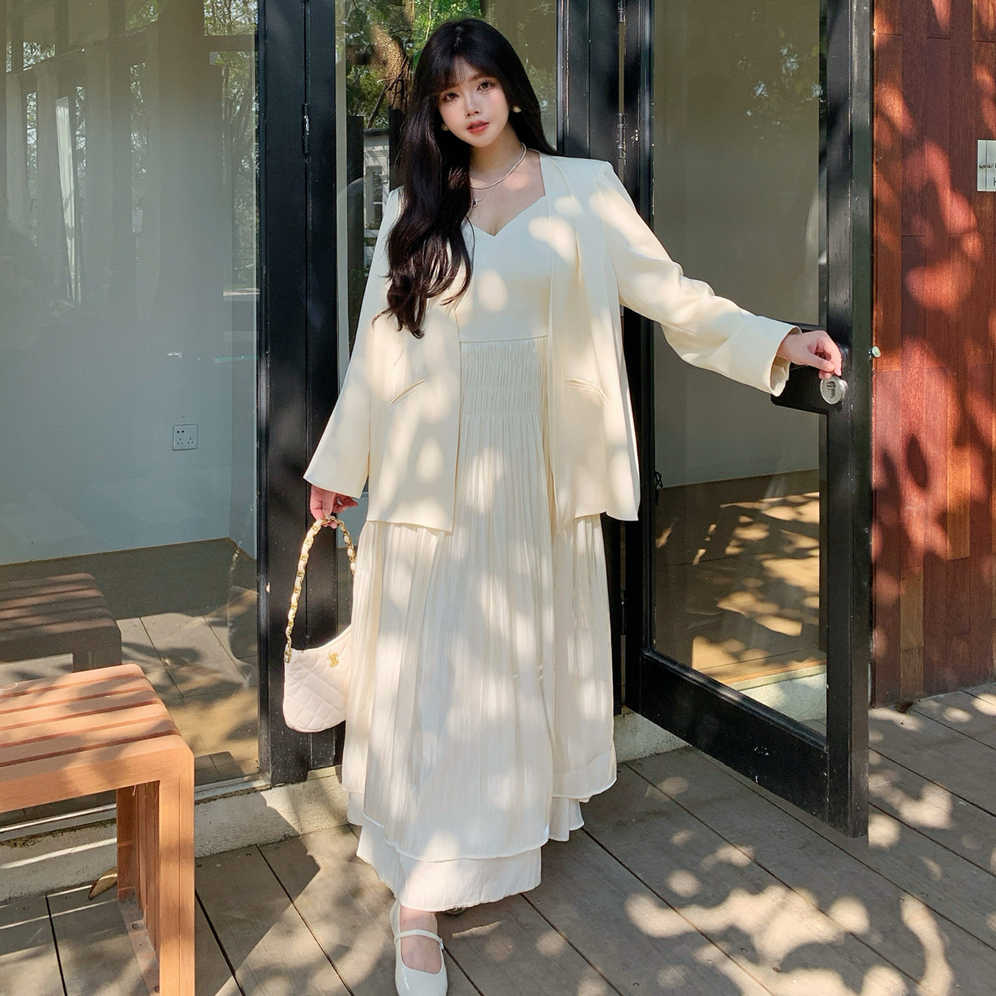 媛子大码春季宽松连衣裙珠光吊带裙+西装套装