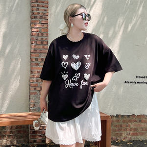 媛子家大码夏季胖mm圆领短袖T恤爱心字母印花百搭宽松显瘦上衣女