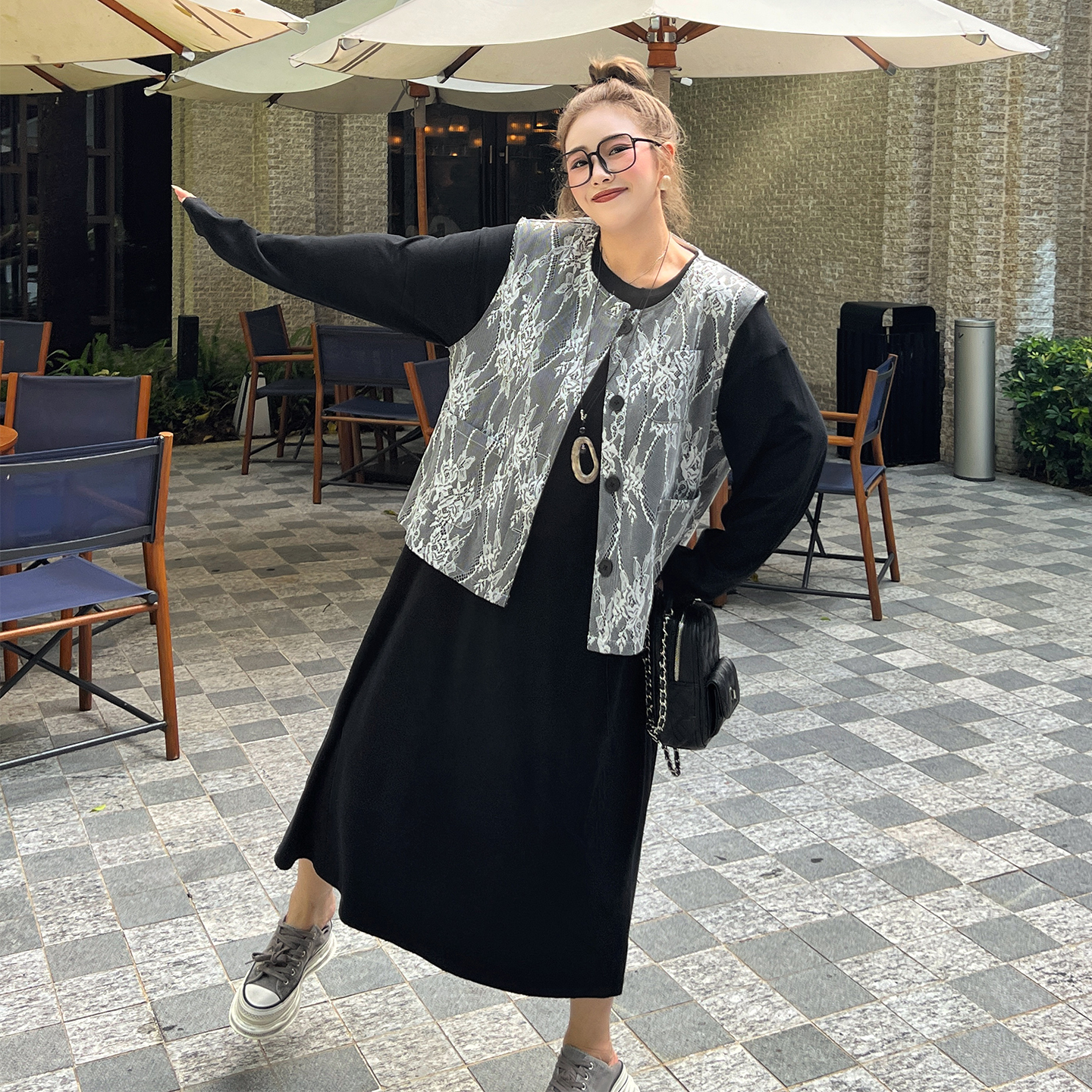 媛子家大码秋季胖mm蕾丝拼接无袖外套宽松显瘦时尚百搭气质马甲女